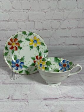 Vintage Orion China Hand Painted Floral Footed Teacup and Saucer Set Japan